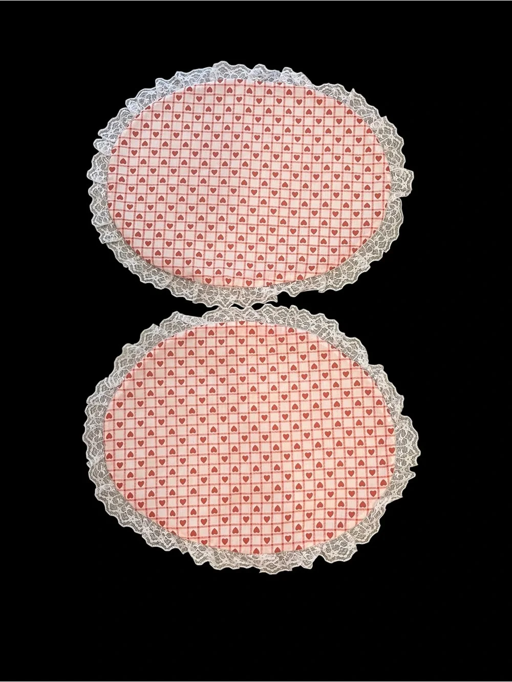 Red White Checkered Gingham Hearts Fabric Oval Placemats Lace Trim - Set of 4